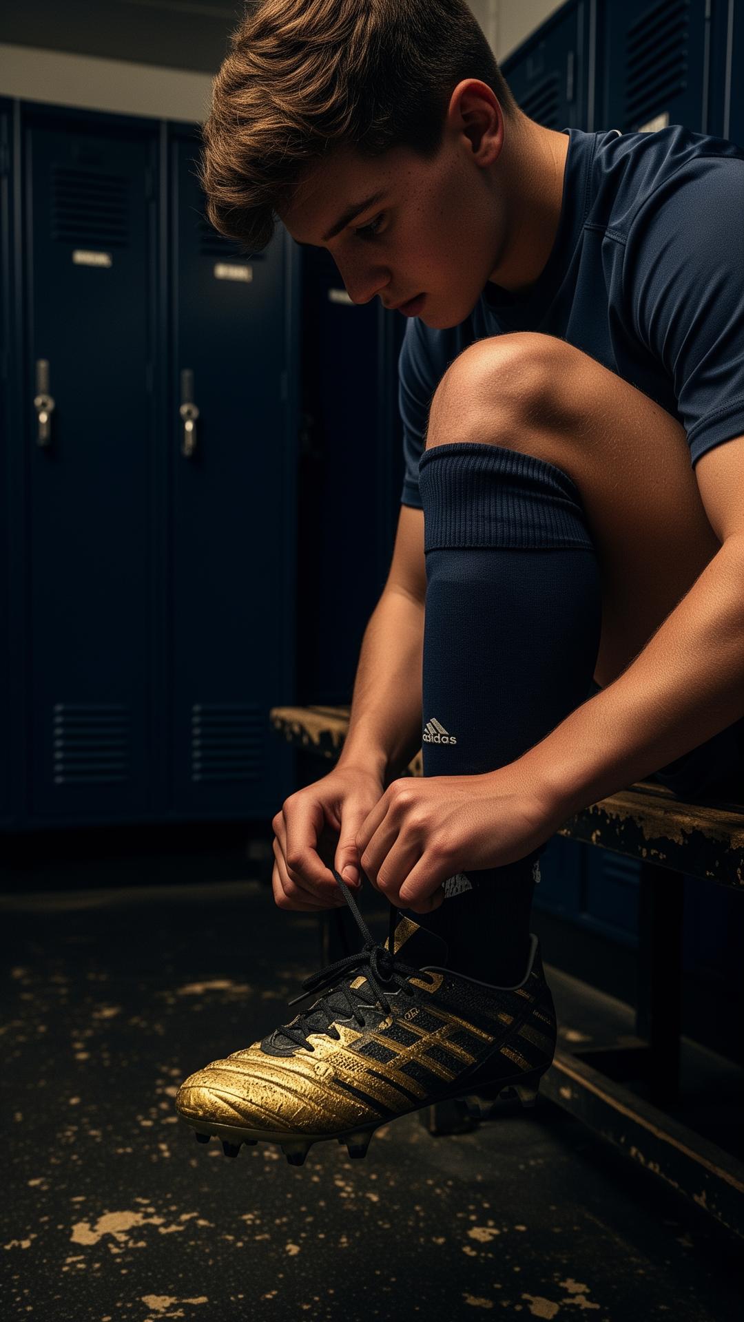 Athlete lacing cleats in a locker room