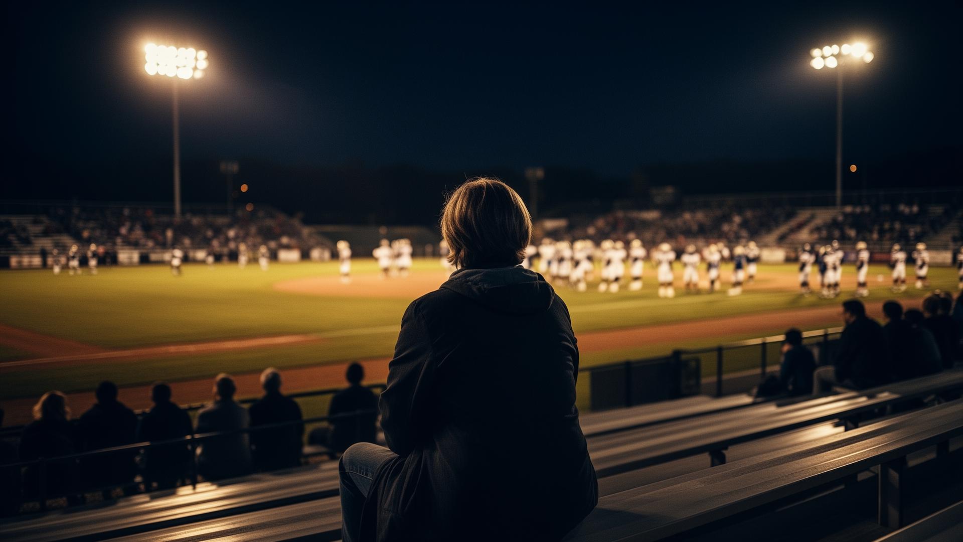 A parent watching their athlete from the bleachers under stadium lights